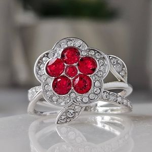 Red Flower Ring, 925 Sterling Silver Charmed Aroma